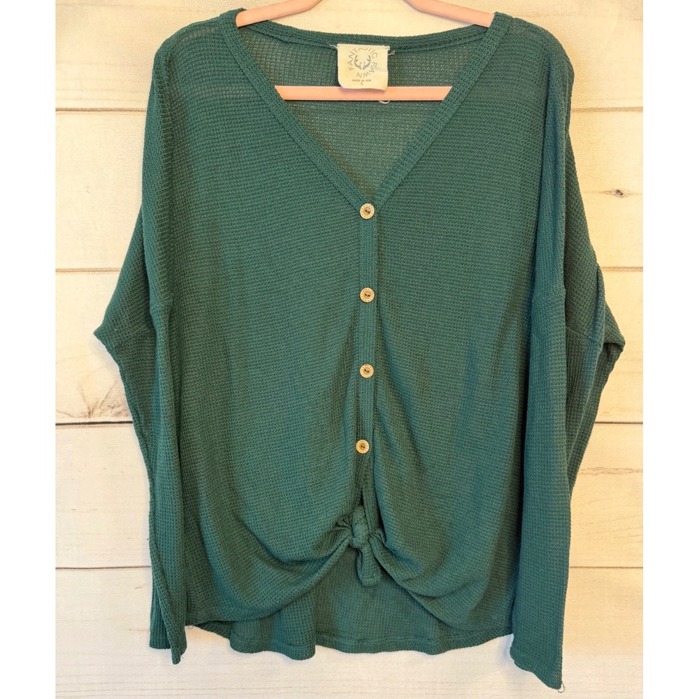 Fantastic Fawn Forest Green Waffle Knit Tie Front Cardigan Top Small Boho Casual